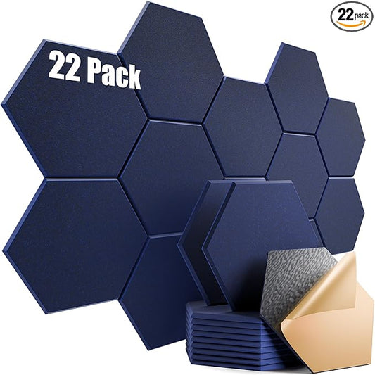 22 Pack Self-Adhesive Acoustic Panels 12" X 10" X 0.4" - Sound Proof Foam Panels with High Density, Stylish Hexagonal Design, Flame Resistant, Absorb Noise and Eliminate Echoes(Dark Blue)