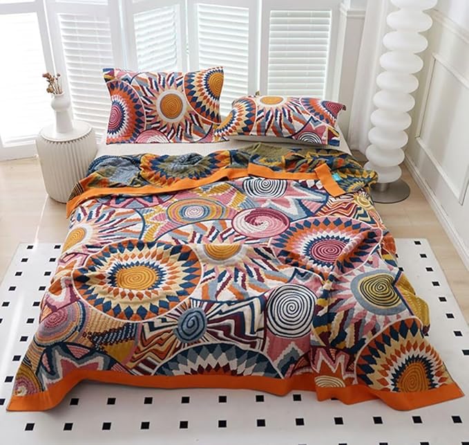 Boho Throw Blanket for Bed 100% Cotton Bohemian Blankets Ultra Soft Woven Muslin Decorative Blankets All Seasons Vintage Quilt Knitted Blanket for Sofa Chair (Colorful, 60"x80")