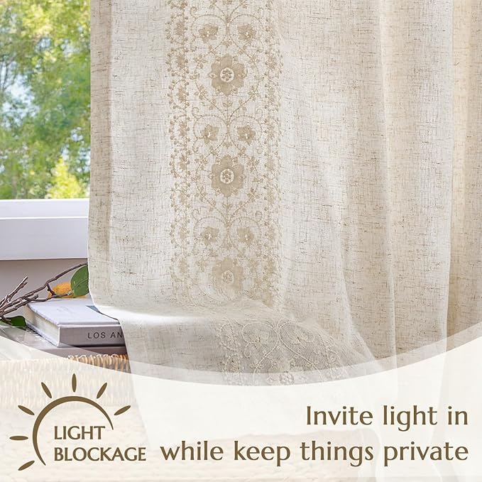 jinchan Weslie Boho Lined Linen Curtains for Bedroom Ivory Vintage Floral Farmhouse Curtains 90 Inches Long Linen Drapes for Living Room Embroidered Drapes Rod Pocket Ivory on Beige 2 Panels