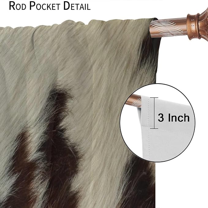 Cowhide Blackout Curtain, Rustic Western Cow Fur Skin Print Brown White Animal Print Curtains Rod Pocket Window Treatments 2 Panels Drapes for Kitchen Bedroom Living Room Offiec Decor 63"W X 63"L