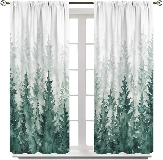 Green Forest Curtains, Watercolour Nature Misty Simple Pine Tree Tree Forest Plant Blackout Windows Treatments, Thermal Insulated Drapes for Kids Boys Girls Living Room Bedroom 52x84in