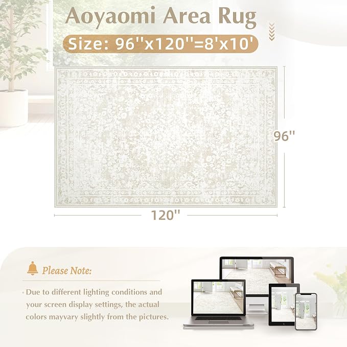 Vintage Living Room Area Rug - 8x10 Large Machine Washable Boho Area Rug Distressed Floral Rugs for Bedroom, Soft Non-Slip Indoor Floor Accent Rugs for Office Dining Room (Cream Beige, 8'x10')