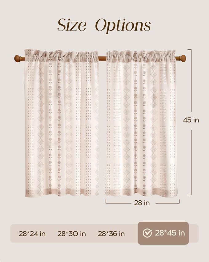 Miss Adola Farmhouse Kitchen Tier Curtains - 45 Inch Length Linen Blend Boho Cafe Curtains Striped Beige Small Window Treatments Over Sink Rod Pocket for Bathroom Living Room Light Filtering, 2 Panels