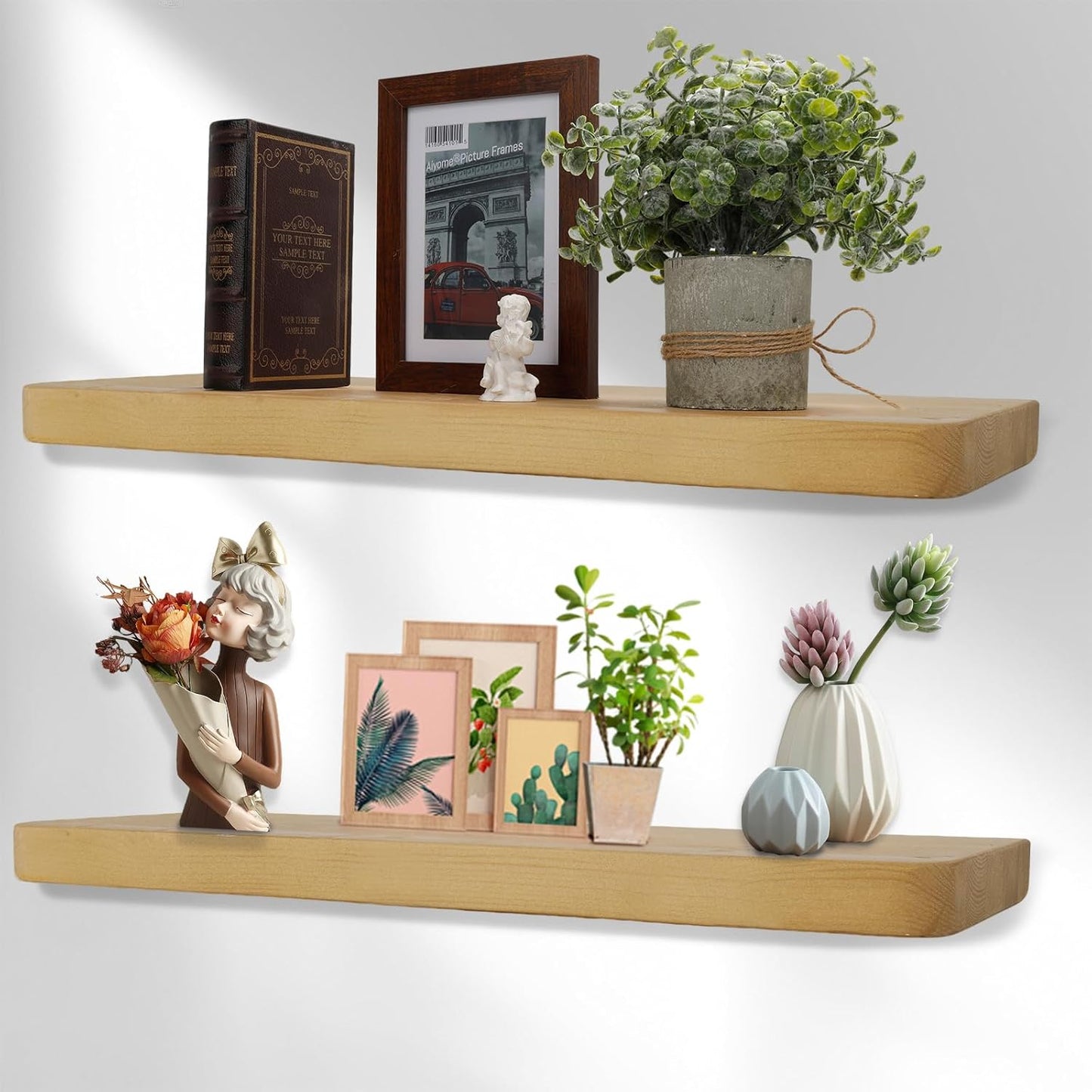 Solid Wood Floating Shelves Set of 2 - Natural, Warp & Crack Resistant 17.72 Inch Wall Shelf with Invisible Brackets Thicker, More Durable for Bathroom, Bedroom, Kitchen, Living Room (Wood, 17.72)
