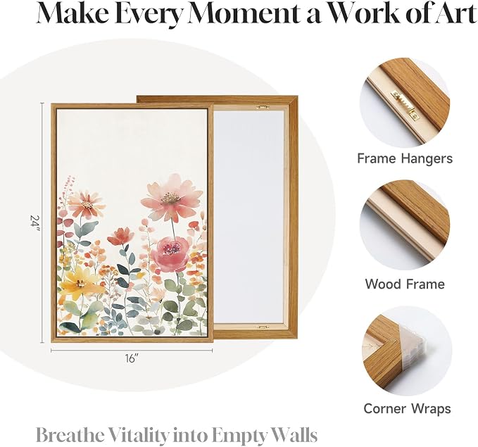 Framed Watercolor Botanical Wall Art for Bedroom, 3 Piece Colorful Floral Canvas Artwork for Walls, Large Farmhouse Wildflower Flower Prints Paintings for Living Room Entryway Wall Decor 16x24 Inch