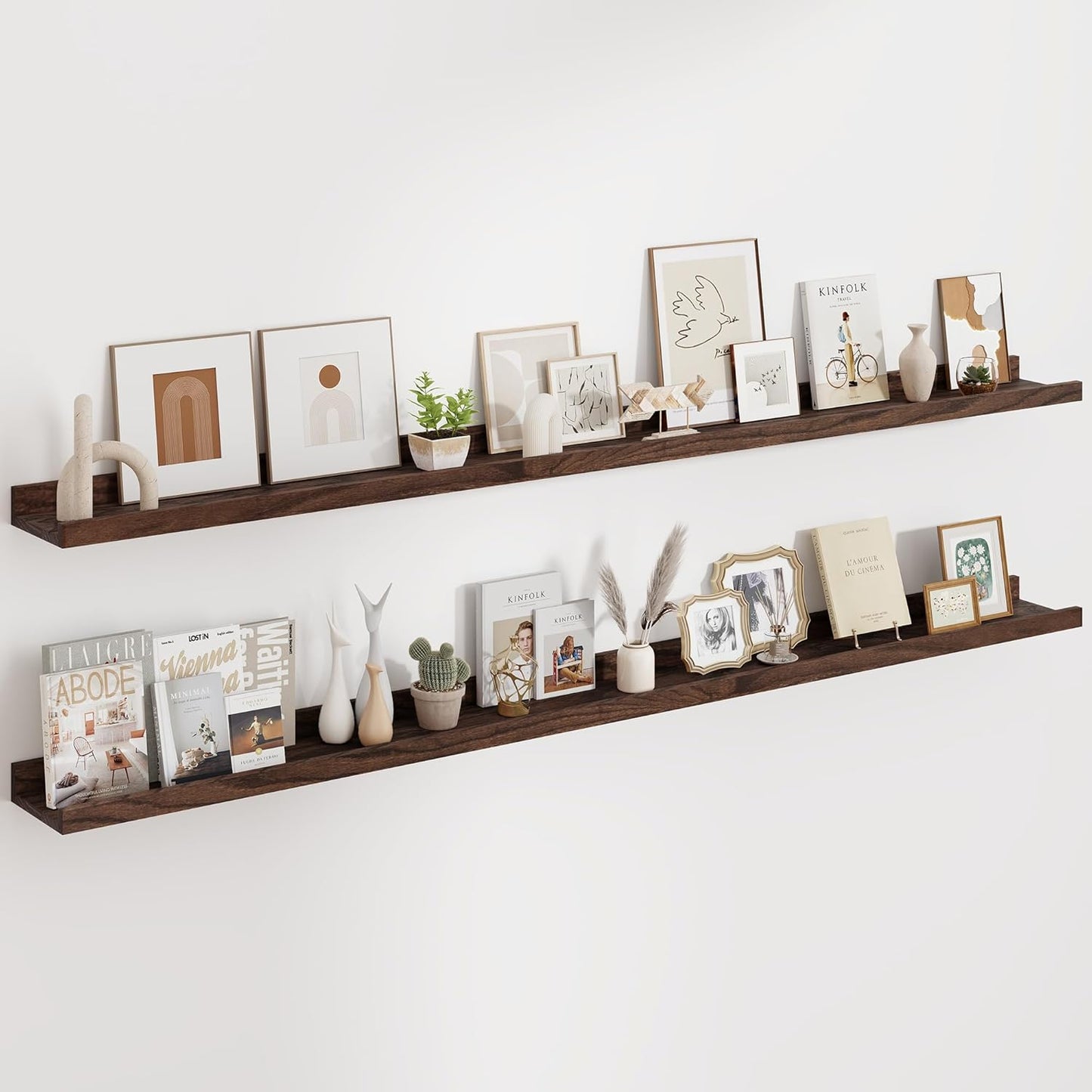 Floating Picture Ledge Shelves 72 Inch Solid Oak Wood Set of 2, Rustic Wall Storage Shelves with Lip, Kids Bookshelf, Photo & Picture Ledge Shelves for Bedroom, Living Room, Kitchen