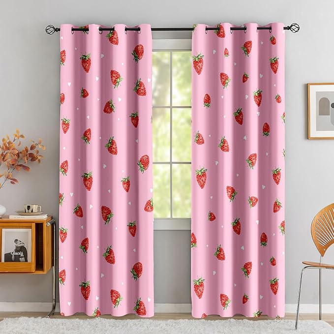 LUVIVIHOME Pink Strawberry Curtains, Cute Blackout Curtains, Girly Girls Bedroom Decor, Kids Curtains for Living Room, 2 Panel Sets, 52x84 Inch