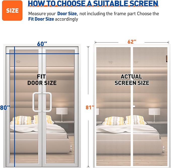 MAGZO Magnetic Screen Door Fit Door Size 60 x 80 Inch, Screen Size 62" x 81" Reinforced Middle Opening Mesh Sturdy Polyester Curtain for Doors-White