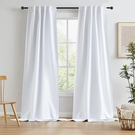 KEQIAOSUOCAI White Blackout Curtains 120 Inches Long 2 Panels Back Tab Pocket Hook Belt Full Black Out Thermal Insulated Thick Window Draperies for Living Room 34x120