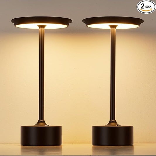 PUSU Rechargeable Table Lamps Set of 2, Black Cordless LED 4000mAh Battery Desk Lamp, Stepless Dimming & 3 Color 2700K-6000K, Portable Lamp for Bedroom, Living Room, Restaurant, Outdoor, Night Light