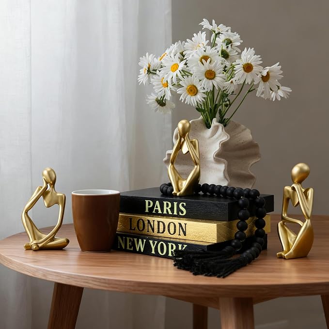 Beeveer 3 Pcs Decorative Books for Home Decor, Faux Books for Decoration, Resin Thinker Statue Abstract Art Sculptures, Rustic Farmhouse Beads Centerpiece for Room Office Shelf Desktop (Black Gold)