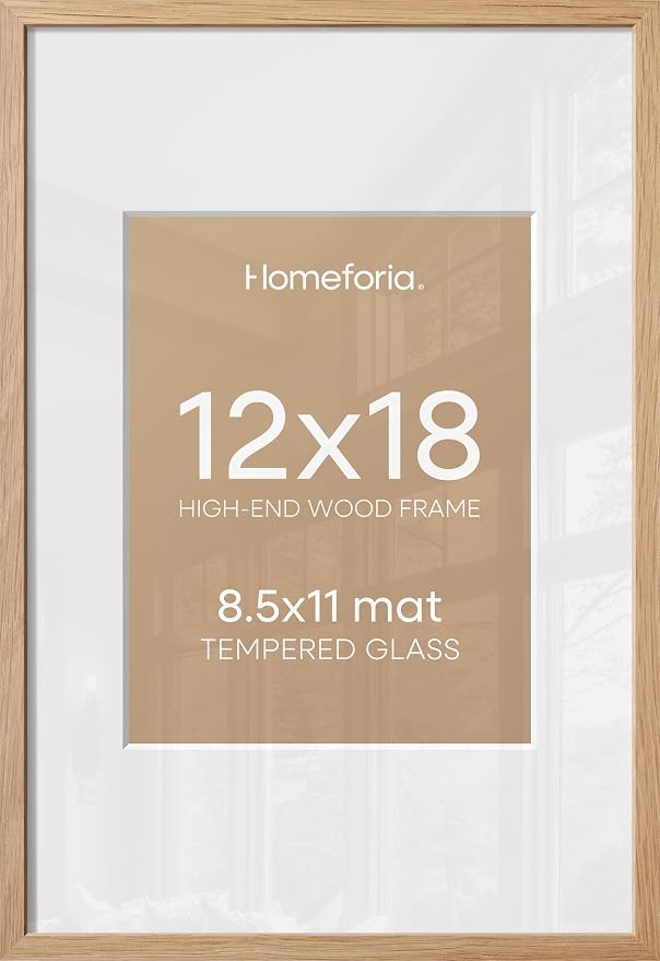 Homeforia 12x18 Picture Frame Wood, High End Natural Oak 12x18 Light Wooden Poster Frame with Mat 8.5x11, 12 x 18 Frames Matted to 8.5 by 11 Photo, 18x12 Thin Frame, Tempered Glass, Wall Kit, Set of 2