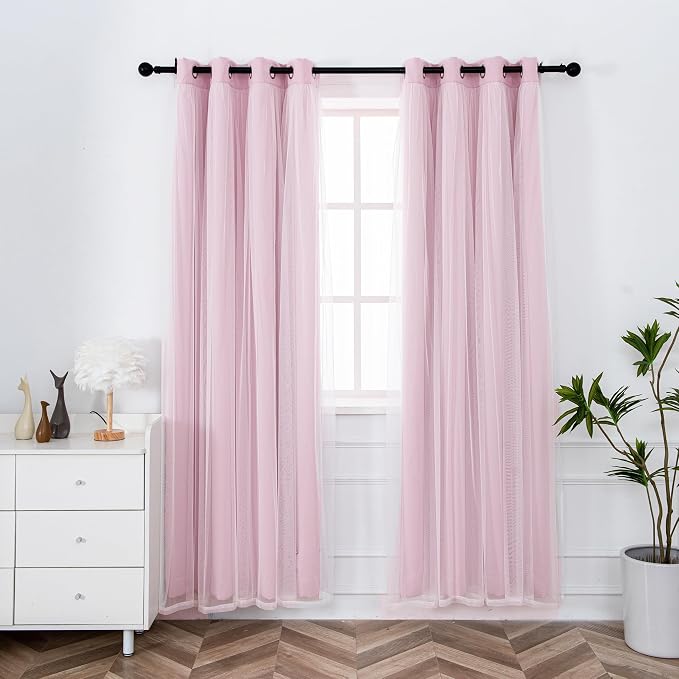 INLINAS Pale Pink Blackout Curtains with Sheer Overlay - Grommet Top Thermal and Noise Reduction Panels for Bedroom and Living Room Light Blocking and Energy Saving, 52 x 84 Inches, Set of 2