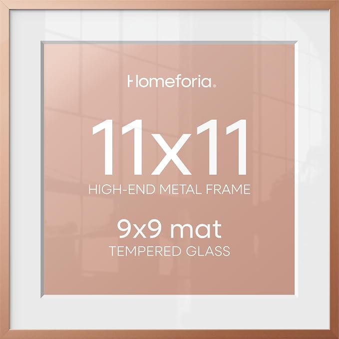 Homeforia 11x11 Rose Gold Picture Frame, High End Metal 11 by 11 Square Frames with Mat 9 x 9 Photo, 11by11 Poster Frame Matted to 9x9 inch Art, Wall Hanging Frames, Tempered Glass, Wall Kit, Set of 1