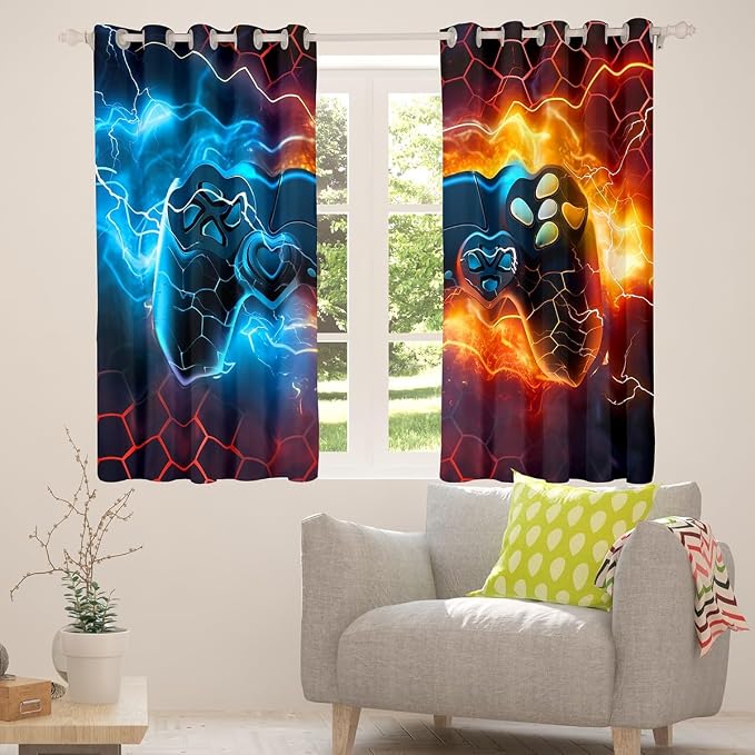 Feelyou Kids Boys Blue Red Gamer Darkening Drapes Honeycomb Gaming Blankout Curtains for Lightning Gamer Window Curtains Game Room Decor Window Treatments (2 Panels, 52 x 90 Inch)