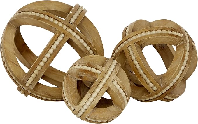 Deco 79 Wood Geometric Handmade Decorative Sculpture Beaded Home Decor Statues, Set of 3 Accent Figurines 7", 6", 4"H, Light Brown
