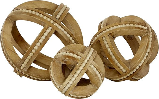 Deco 79 Wood Geometric Handmade Decorative Sculpture Beaded Home Decor Statues, Set of 3 Accent Figurines 7", 6", 4"H, Light Brown