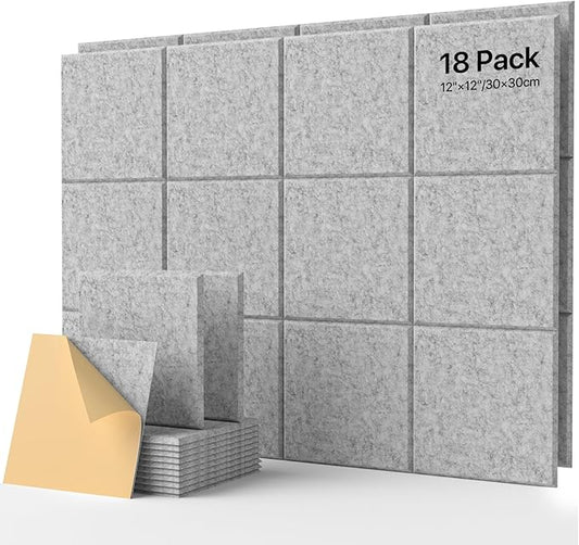 18 Pack Soundproof Wall Panels Self-Adhesive, Square Sound Proof Foam Panels for Wall, High Density Acoustic Panels, Acoustic Panels for Home Office, Recording Studio 12" X 12" X 0.4" Gray