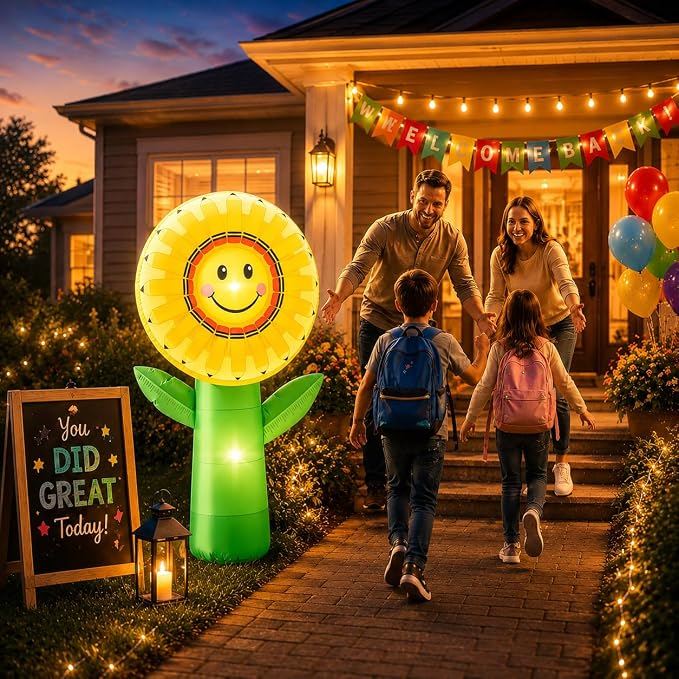 5FT Back to School Inflatable Outdoor Decorations Sunflower Pencil Blow Up Built-in 2 LED Lights Smiley Flower Welcome Yard Decor for First Day of School Kindergarten Preschool Photo Props