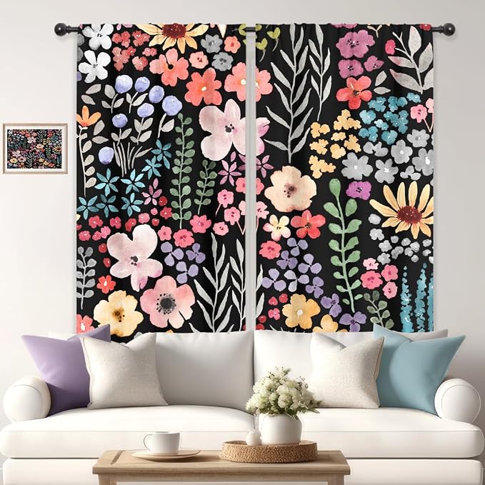 Riyidecor Black Floral Curtains Cute Boho Wildflower Watercolor Flower Blossom Plant Leaves Herbs Rod Pocket Natural Botanical Girls Bedroom Living Room Treatment Fabric 2 Panels 42Wx63H Inch