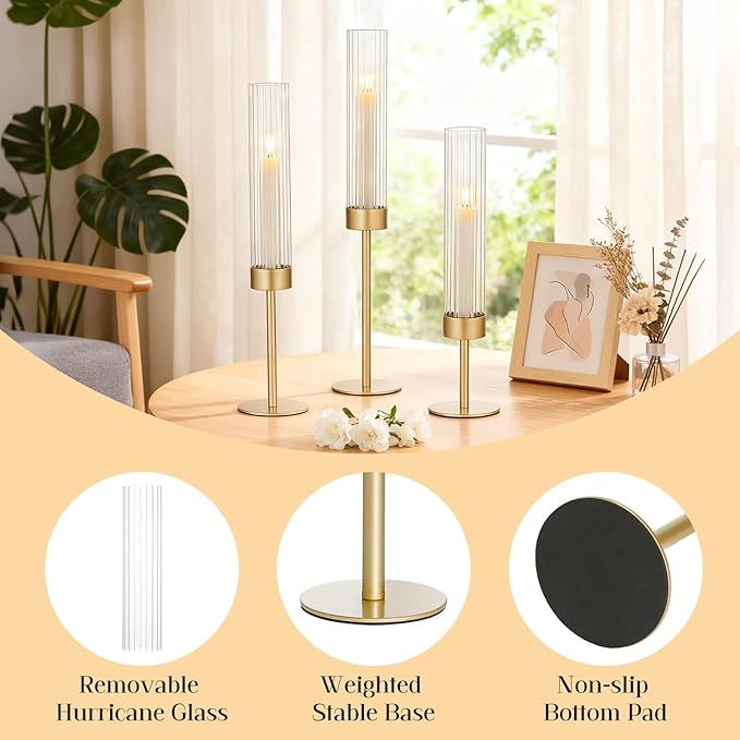 Gold Candle Holders Set of 9, Hurricane Brass Candlestick Holders for Taper Candles, Tall Candle Sticks Holder for Table Decor, Wedding, Party & Home Decorations