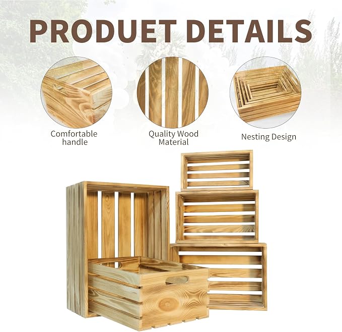 5 Pcs Wooden Crates for Display, Nesting Wood Crate for Storage, 5 Size | Farmhouse Weddings Wooden Basket for Storage Container and Decorations, Rustic Wood Crates for Farmers Market, Birthday, DIY
