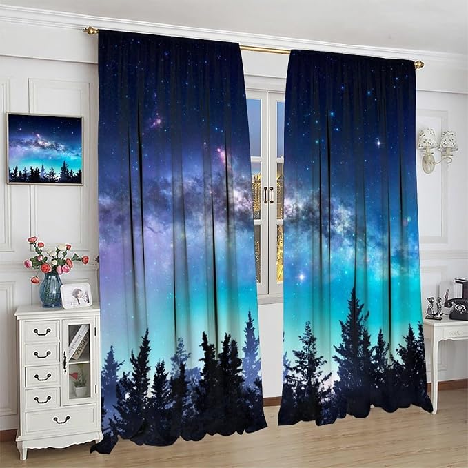 Forest Night Sky Curtains for Kitchen,Rustic North Star Moonlight Decor, Starry Moon Galaxy Nature Window Drapes Print for Boys Girls Bedroom Living Room 42x45in （No Blackout）