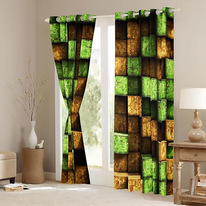 Castle Fairy Pixel Block Window Curtain,Green and Brown Square Plaid Blackout Window Treatment,Teens Woman Men Miners Gaming Bedroom Curtains Video Games Living Room Decor Top 2 Panels,52Wx90L
