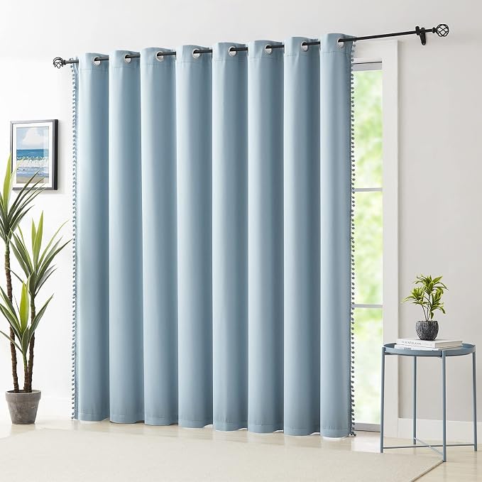 Treatmentex 100% Blackout Curtain Blue Sliding Door Curtains Pom Pom Extra Wide Glass Door Curtains for Living Room Energy Efficient Thermal Patio Door Drapes Grommet Top 1pc 100x84 Light Blue