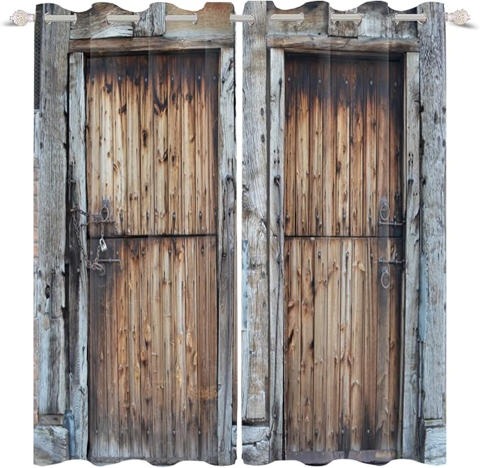 Rustic Barn Door Window Curtains, 26x63 inch, 2 Panels, Brown Grey, Polyester, Blackout, Living Room, Bedroom, Kitchen