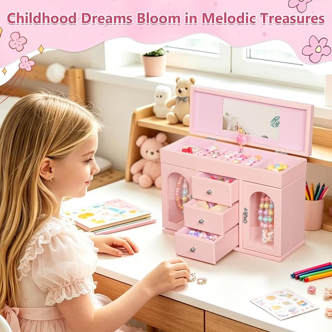 Musical Jewelry Box for Girls, Large Wooden Kids Jewelry Organizer with Spinning Ballerina & Mirror, 5-Layer Storage with Drawers & Side Doors, Pink Jewelry Box for Girls Birthday Christmas & gifts