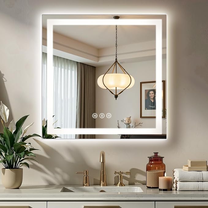 36X36 LED Bathroom Mirror with Lights, Anti-Fog, Backlit + Front Lit (CRI>90), Lighted Bathroom Vanity Mirror for Wall, Memory Function, Dimmable, Tempered Glass, Shatter-Proof