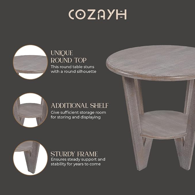 Set of 2 Rustic Farmhouse end Table with Storage Shelf, French Country Accent Side Table for Family, Dinning or Living Room, Small Spaces, Modern, Round, Vintage Grey Finish