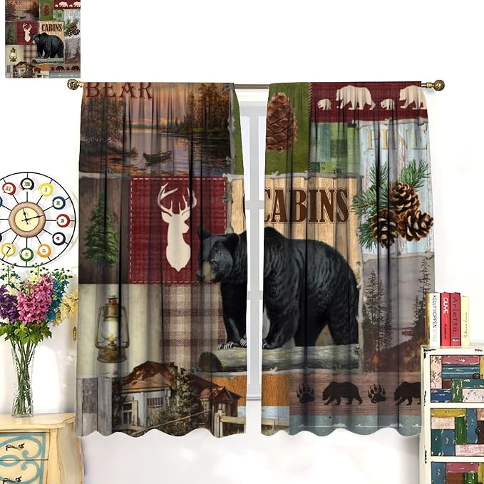 Vintage Bear Blackout Curtains Countryside Mountains Farmhouse Forest Hunting Lodge Lake Pine Cones Wild Deer Bear Animals Windows Treatments Rod Pocket for Kitchen Living Room Bedroom 42x63in