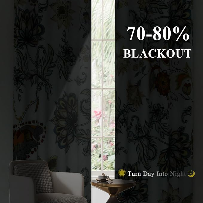 Estelar Textiler Boho Floral Blackout Curtain,Blue White Watercolor Vintage Painting Flower Curtains 2 Panels Set for Living Room Decoration,Thermal Insulated Room Darkening Farmhouse Drapes,52x63