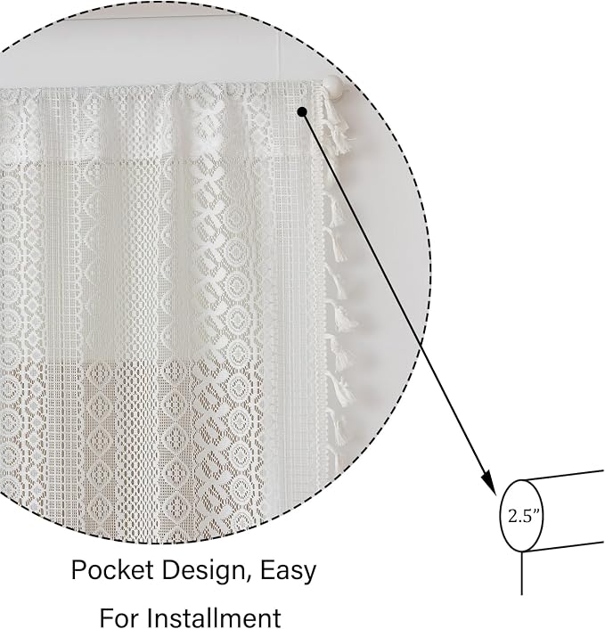 Sutuo Home White French Door Curtain for Patio & Sidelights, Ivory lace Door Curtains Bohemian Tassels Vintage Chic Semi Sheer Privacy Farmhouse Drapes for Entryway, Rod Pocket 2 Panels 25" W x 40" L