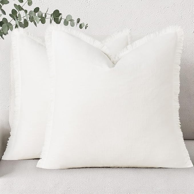 decorUhome Summer Decorative Neutral Linen Fringe Throw Pillow Covers Set of 2 Cream White Pillow Covers with Tassels Soft Farmhouse Boho Accent Pillow Cases for Couch Bed Sofa 20x20 Inch