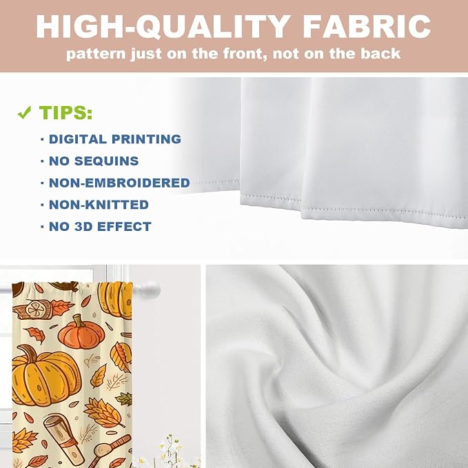 Shrahala Thanksgiving Seamless Pattern Blackout Curtain Tiers, Pumpkin Apple Pear Leaves Kitchen Valance Light Blocking Tier Drapes with Rod Pocket, 2 Pack 26 X 36 in
