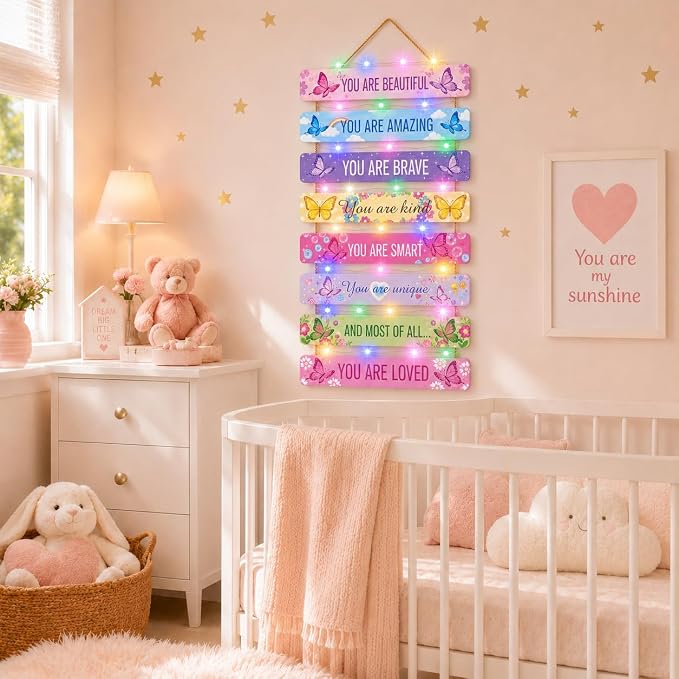 Cute Butterfly Room Decor Set of 8 with Led Light for Teen Girls Kids Toddler, Pink Inspirational Butterfly Wood Nursery Wall Decor for Bedroom, Dreamy Cozy Chic Motivational Princess Room Decor