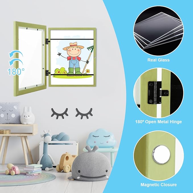 [2-Pack] Kids Art Frames, 8.5x11 Front Opening Kids Artwork Frames Changeable, Soft Yellow Green Artwork Display Storage Frame for Wall, Holds 50 Pcs, for 3D Picture, Crafts, Children Drawing, Hanging