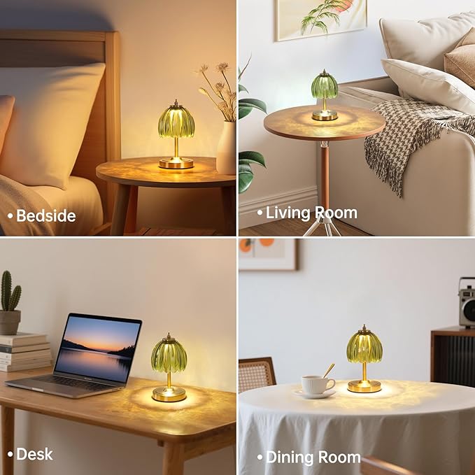 Shenmoyl Tulip Small Table Lamp, 5200mAh Cordless Touch Control Mini Table Lamp with 3 Color Temps & Stepless Dimming, Perfect for Small Spaces Like Dressers, Bedsides, Bookshelves (Green Tulip)