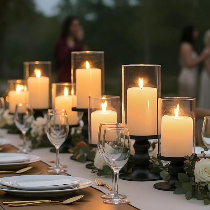 NITIME 4Pcs Hurricane Candle Holder for Pillar Candles, Black Candle Holders with Clear Glass Sleeve for Table Centerpieces,Pillar Candle Holders for Home Decor, Wedding, Holiday and Party Decor