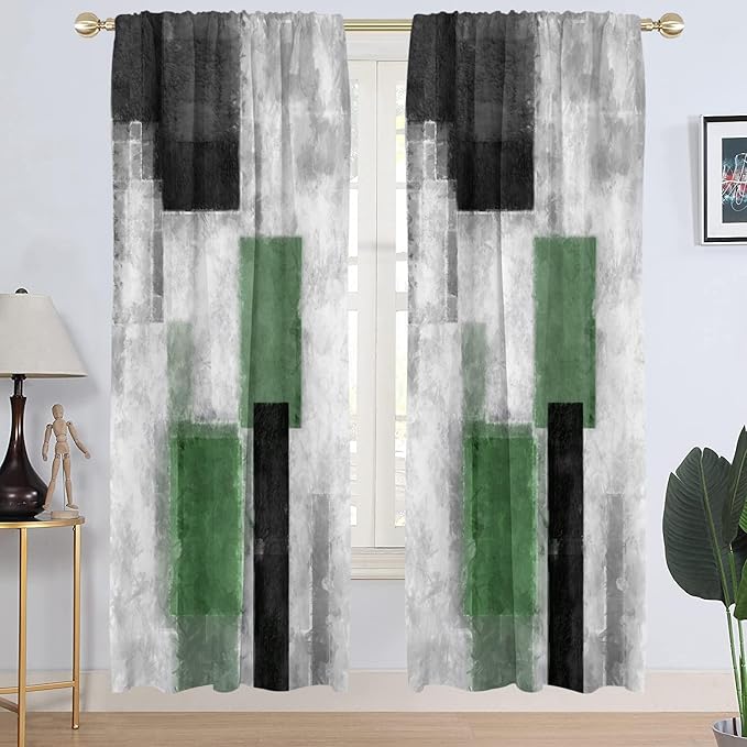 AAtter Green Window Curtain Sage Black and White Plaid Dark Olive Emerald Grey Gray Modern Abstract Long Living Room Bedroom Drapes Treatment Fabric 1 Pair Home Decor, 42" W x 84" L, Checkered