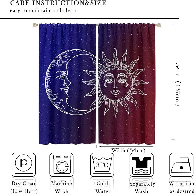 Sun Moon Blackout Windows Curtains, Burning Sun Moon Red Blue Cosmic Galaxy Bohemian Curtains, for Living Room Bedroom 42x54in 2 Panels
