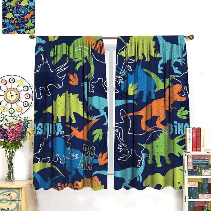 YCness Boys Dinosaur Curtains Cartoon Dino Navy Blue Blackout Kids Window Treatments for Boys Girls Children Nursery Living Room Bedroom Decor Fabric Set 2 Panel 42x45 Inch 30% Shading Rate