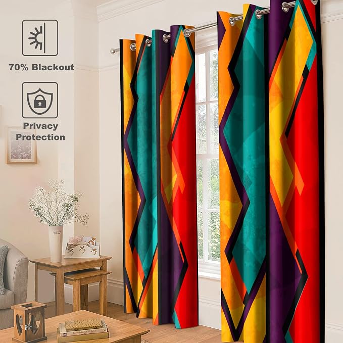 Jekeno Geometric Patterns Blackout Curtains - Room Darkening Window Drapes Rainbow Colorful Grid Design Print Decor Home Bedroom Living Room Grommet Window Drapes 2 Panel Set, 52"x63"