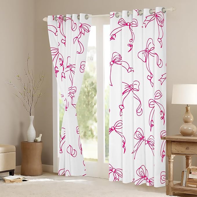 Feelyou Kawaii Bow Room Darkening Blackout Curtain Cute Bowknot Curtains for Bedroom Living Room Pink Girls Bow Blackout Curtains (2 Panels, 52 x 90 Inch) Lovely Decor Window Treatments