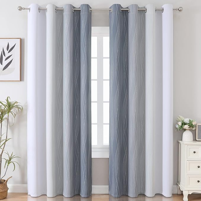 Estelar Textiler Thermal Insulated Blackout Curtains 96 Inches Long, Ombre Grey and Grayish White Blackout Drapes for Bedroom, Gradient Full Light Blocking Energy Saving Curtains, 52Wx96L, 2 Panels