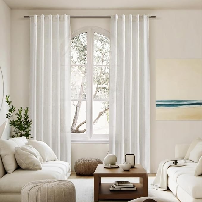 Cream Semi Sheer Curtains 96 Inches Long Back Tab Pocket Ivory Linen Living Room Curtain 2 Panel Sets Light Filtering Luxury Drapes Boho Farmhouse Room Curtains for Bedroom Aesthetic 8Ft 40x96