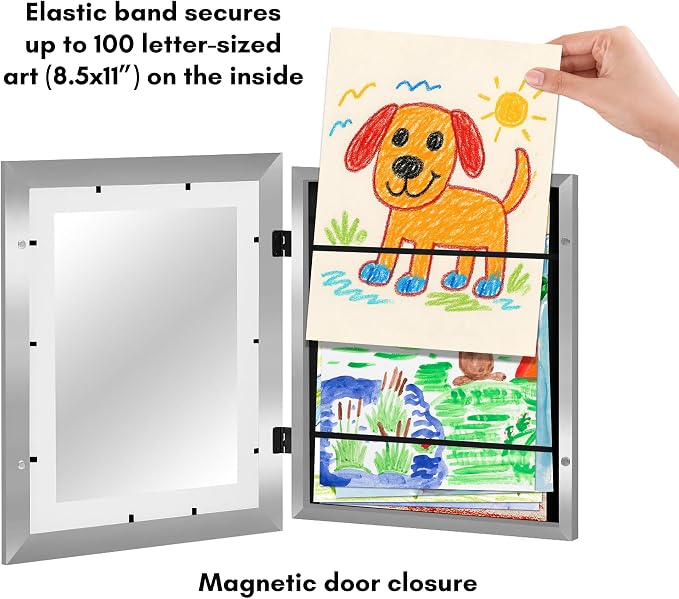 Americanflat Kids Artwork Frame Changeable (Silver) - Magnetic Door Holds 100 Art Pieces - 8.5x11 Letter Size Display with Mat or 10x12.5 Without Mat - My Mini Masterpiece
